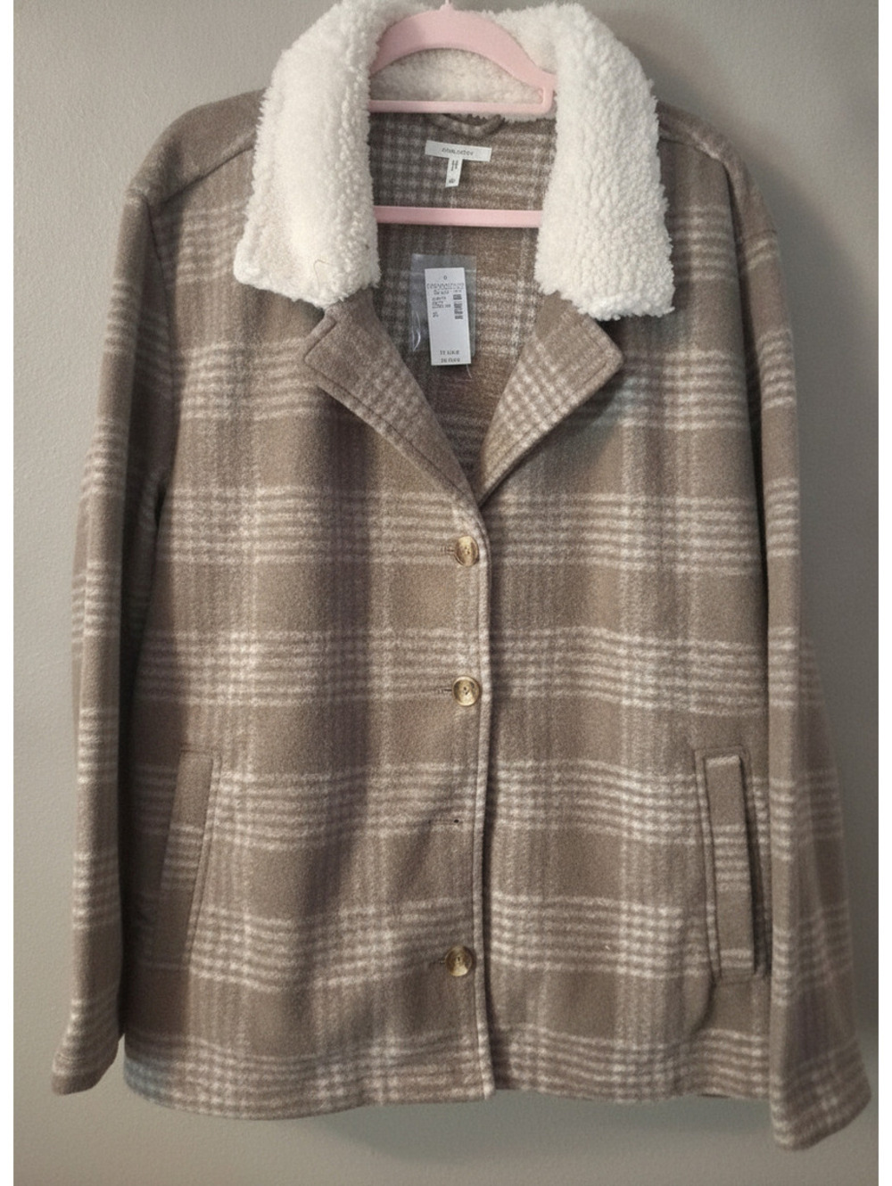 Maurices Plus Sz Country Rustic Soft Sherpa Collar Tan/White Plaid Jacket 4X NWT
